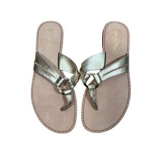 LIlly Pulitzer McKim Leather Sandals Size 6.5 Gold Thong Vacation Minimal